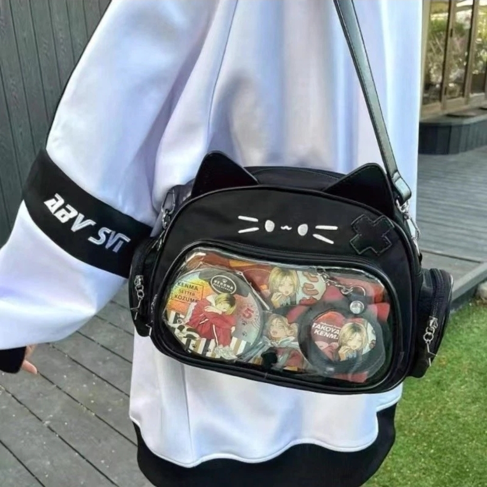Kawaii Ita Cat Crossbody Shoulder Bag with Multi-Purpose Pin Display - Picture 3 of 6